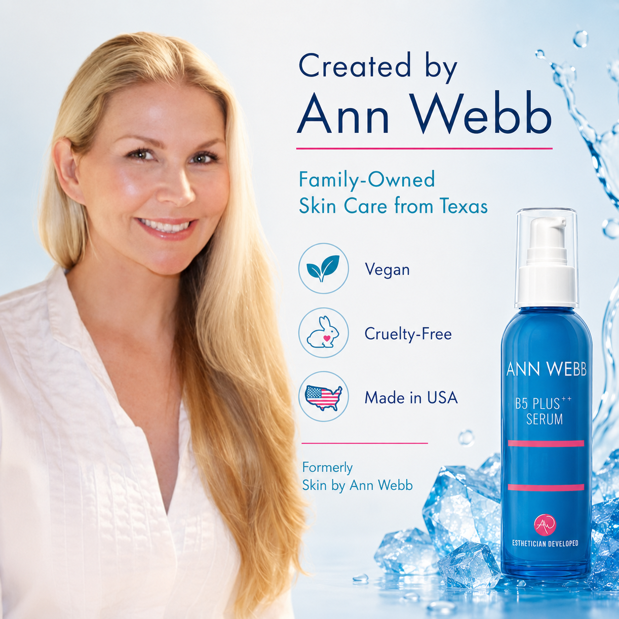 Ann Webb BS Plus Serum bottle in blue packaging, shown next to a smiling blonde woman on a light blue background with text highlighting product features like vegan, cruelty-free, and made in USA.