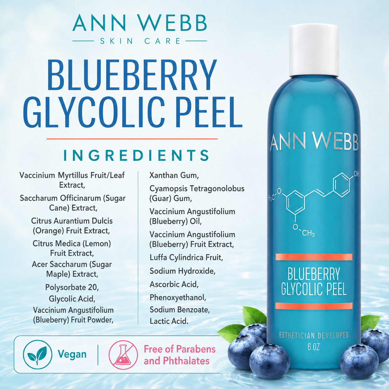 Ann Webb Skin Care Blueberry Glycolic Peel 6 oz bottle on a light blue background with ingredient text and blueberries. The bottle is bright blue with a white cap and white branding, and the image includes a vegan and free of parabens and phthalates badge.