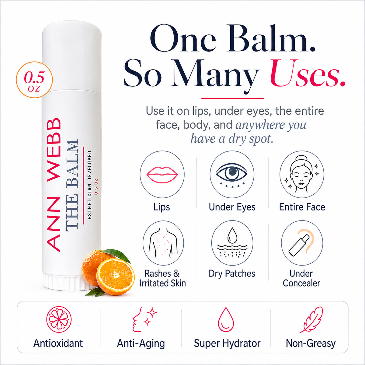 Ann Webb The Balm lip balm stick shown on a white background with promotional text and icons. The white balm tube has red and black lettering and is pictured next to sliced oranges.