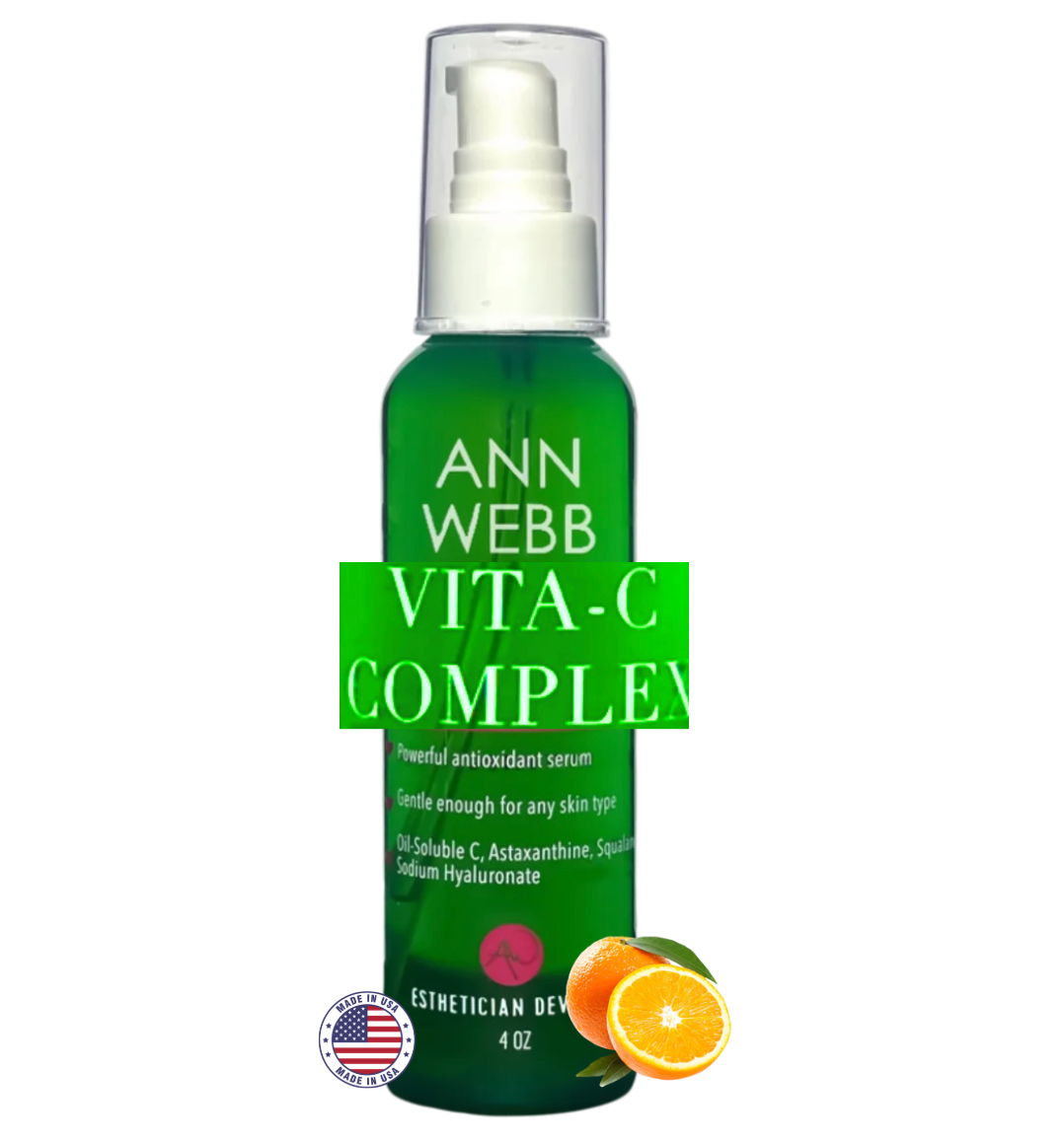 Green bottle of Ann Webb Vita-C Complex serum with a white pump on a white background