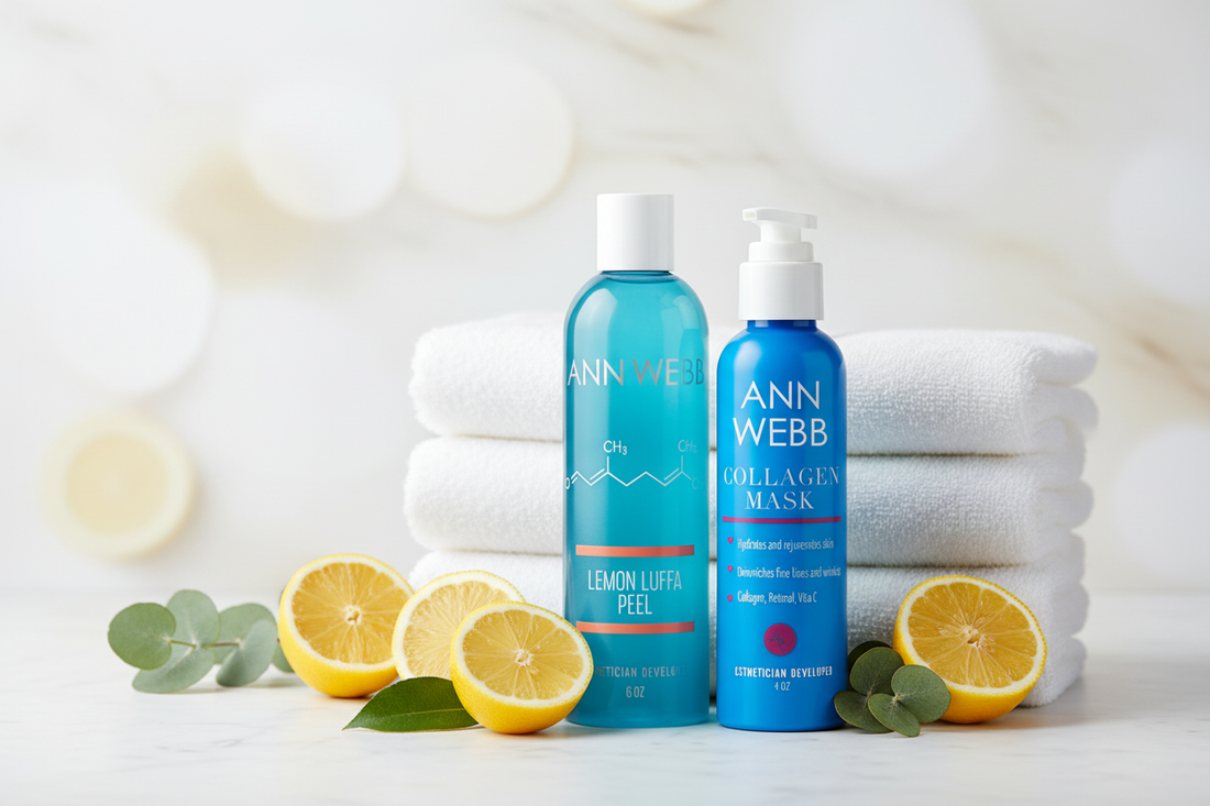 Ann Webb Lemon Luffa Peel and Collagen Mask skincare products arranged on white marble with fresh lemons and eucalyptus for at-home weekend facial treatment