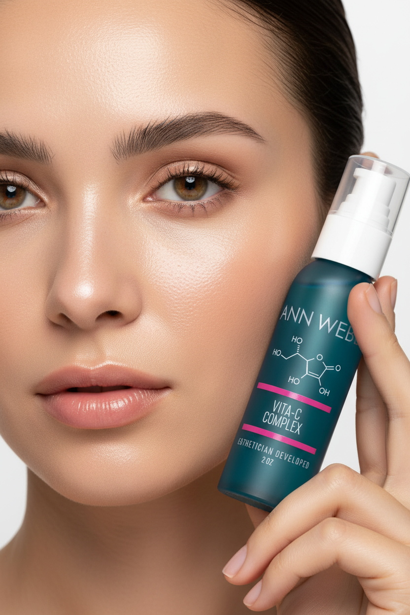 Woman with radiant skin using Ann Webb Vitamin C Serum - pharmaceutical-grade natural face serum