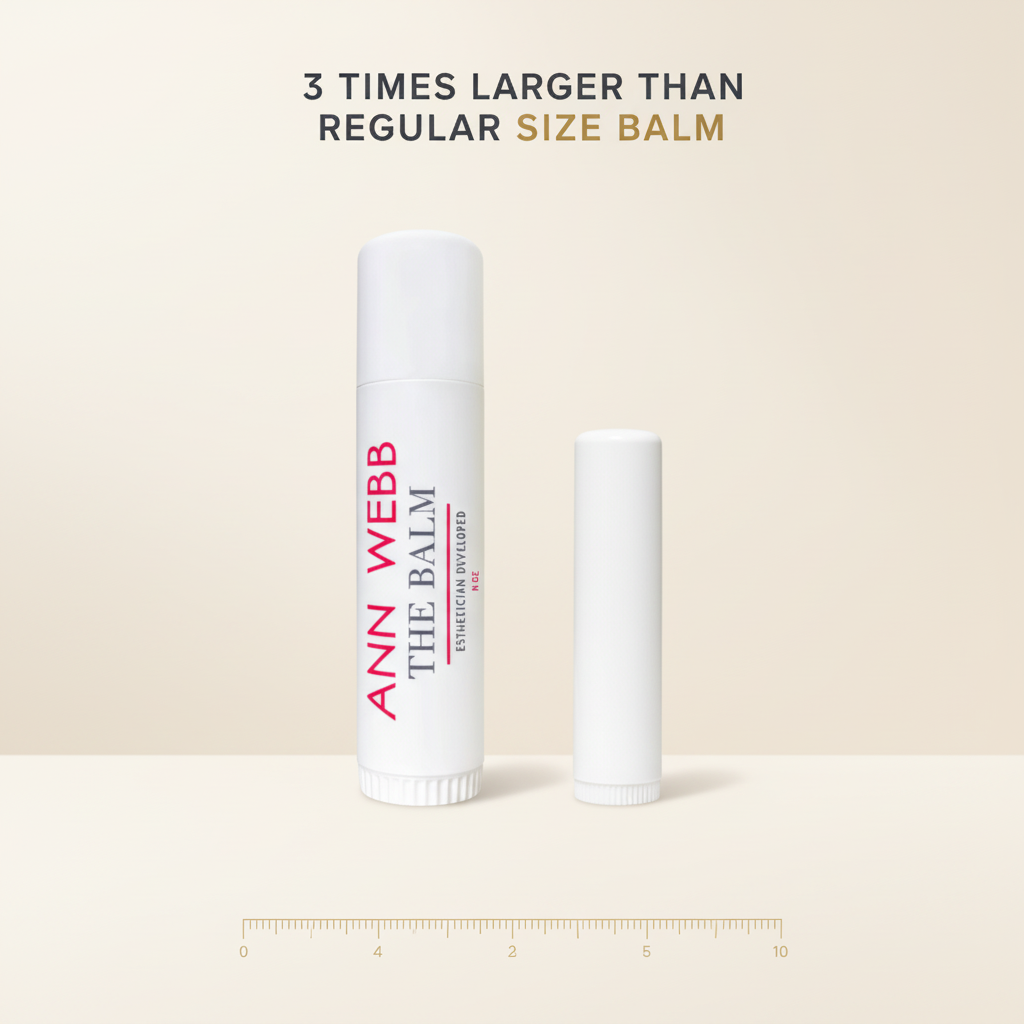 Oversized Ann Webb The Balm lip balm tube - 3X larger than standard chapstick for face and body use