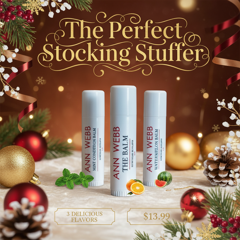 Ann Webb The Balm stocking stuffer gift idea - premium natural lip balm with 6 beauty uses