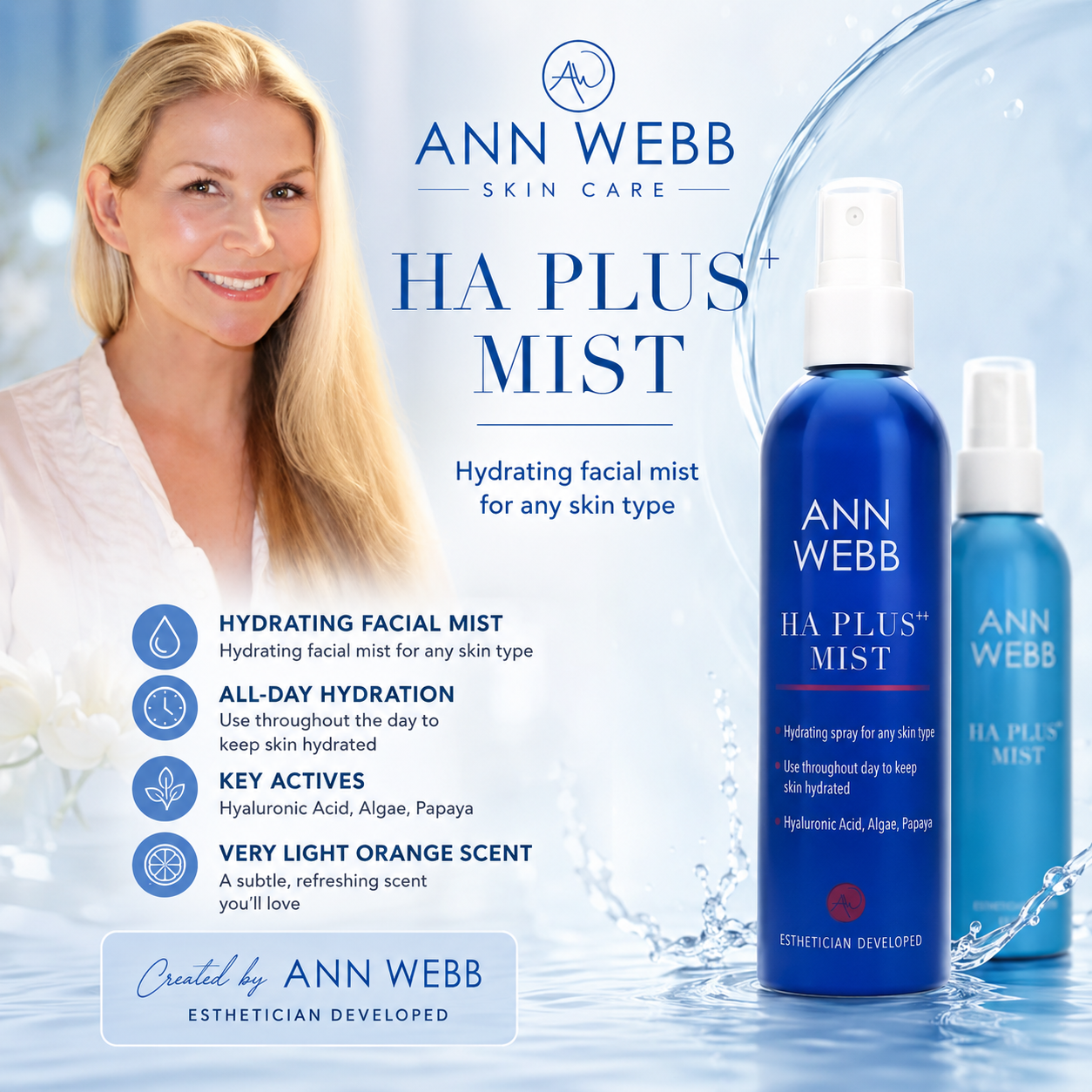Ann Webb Skin Care HA Plus+ Mist hydrating facial mist in a blue bottle, shown alongside a model and product packaging on a light blue water-themed background with text callouts.
