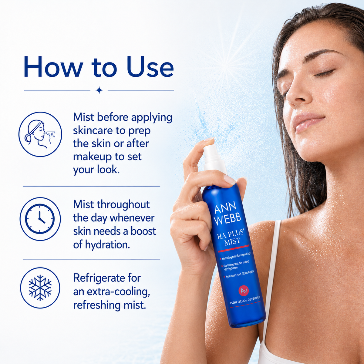 A woman holds a blue spray bottle of Ann Webb HA Plus Mist while reading a 'How to Use' panel with three blue text blocks and icons on a light blue background.