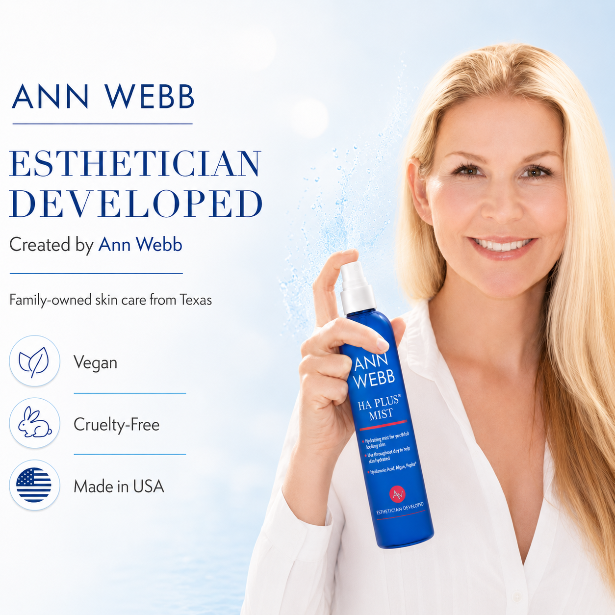 A smiling blonde woman in a white blouse holds a blue spray bottle of Ann Webb Hair Plus Mist against a bright light blue background with product marketing text on the left.