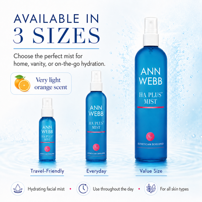 Three blue Ann Webb HA PLUS MIST bottles in different sizes on a light blue water-textured background, with text stating 'AVAILABLE IN 3 SIZES' and 'Very light orange scent.'.