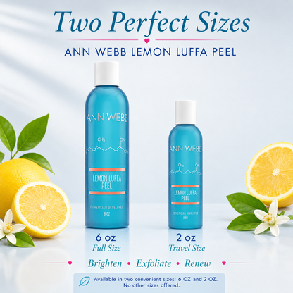 Two bottles of Ann Webb Lemon Luffa Peel shown in full size and travel size, styled with fresh lemons, white flowers, and green leaves on a light blue background with promotional text.