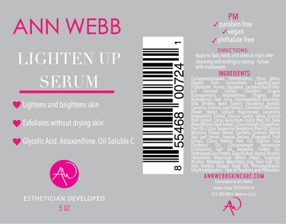 ANN WEBB Lighten Up Serum label - pharmaceutical grade brightening formula
Label