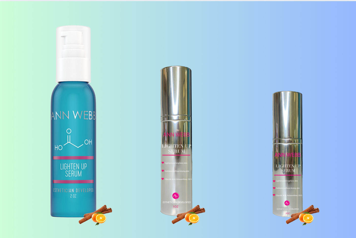 ANN WEBB Lighten Up Serum label - pharmaceutical grade brightening formula
Three Sizes