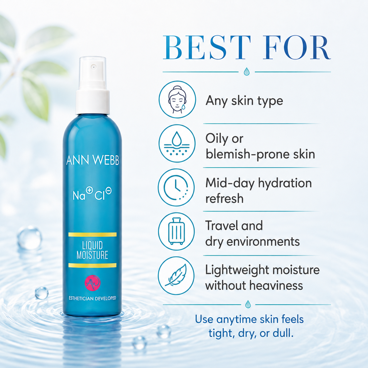 ANN WEBB Liquid Moisture spray bottle in blue with a white spray top, shown on a light blue background with water droplets and ripples. The right side features a 'BEST FOR' list with icons and text for oily/blemish-prone skin, mid-day hydration, travel, and dry environments.
