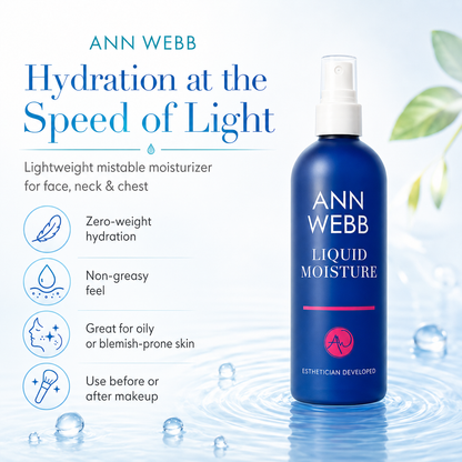 ANN WEBB Liquid Moisture spray bottle in a deep blue bottle with a white pump, set against a light blue water splash background with product features listed on the left.