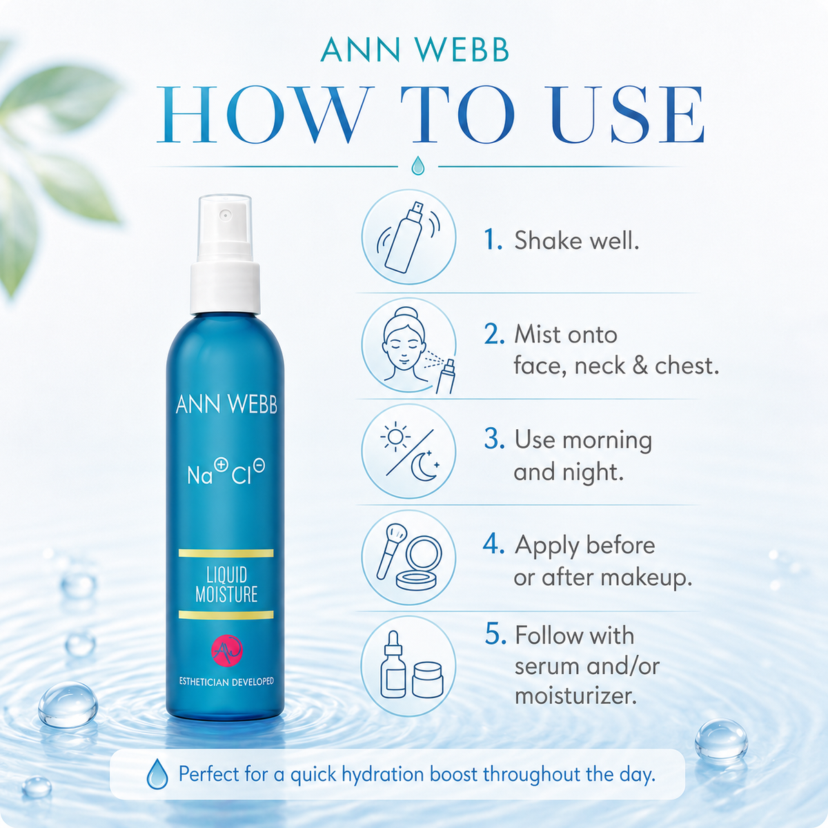 Ann Webb Liquid Moisture spray bottle shown on a light blue water-themed background with a large 'HOW TO USE' panel and five step icons and text for application.