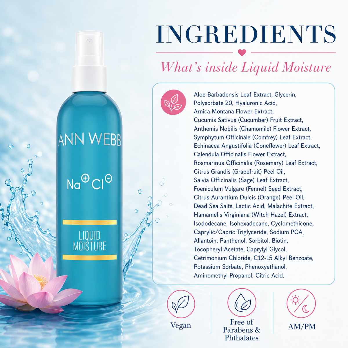 ANN WEBB Liquid Moisture skincare bottle on a light blue background with a pink lotus flower and a large ingredients list panel detailing the formula components.