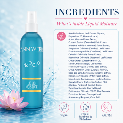 ANN WEBB Liquid Moisture skincare bottle on a light blue background with a pink lotus flower and a large ingredients list panel detailing the formula components.