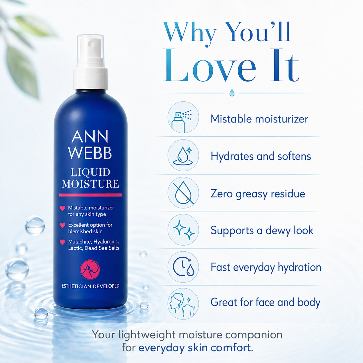 ANN WEBB Liquid Moisture bottle in a deep blue bottle with a white pump, shown on a light blue background with marketing text and icons explaining its benefits.