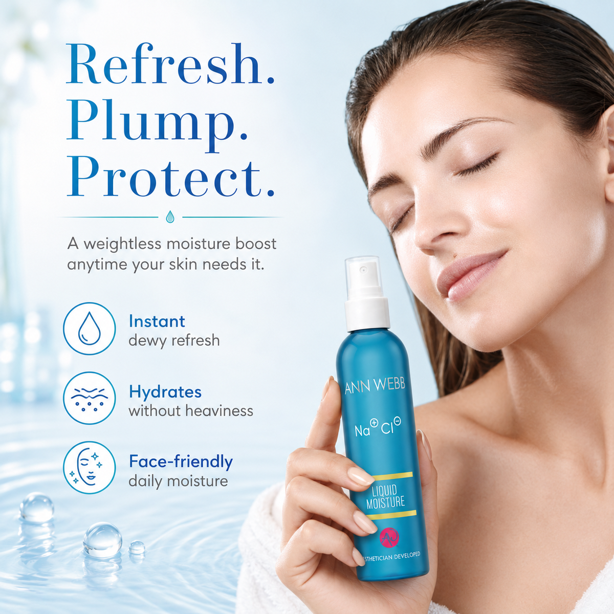 A woman in a white robe holds a blue Ann Weyers liquid moisture spray bottle against a light blue water-themed background with promotional text.