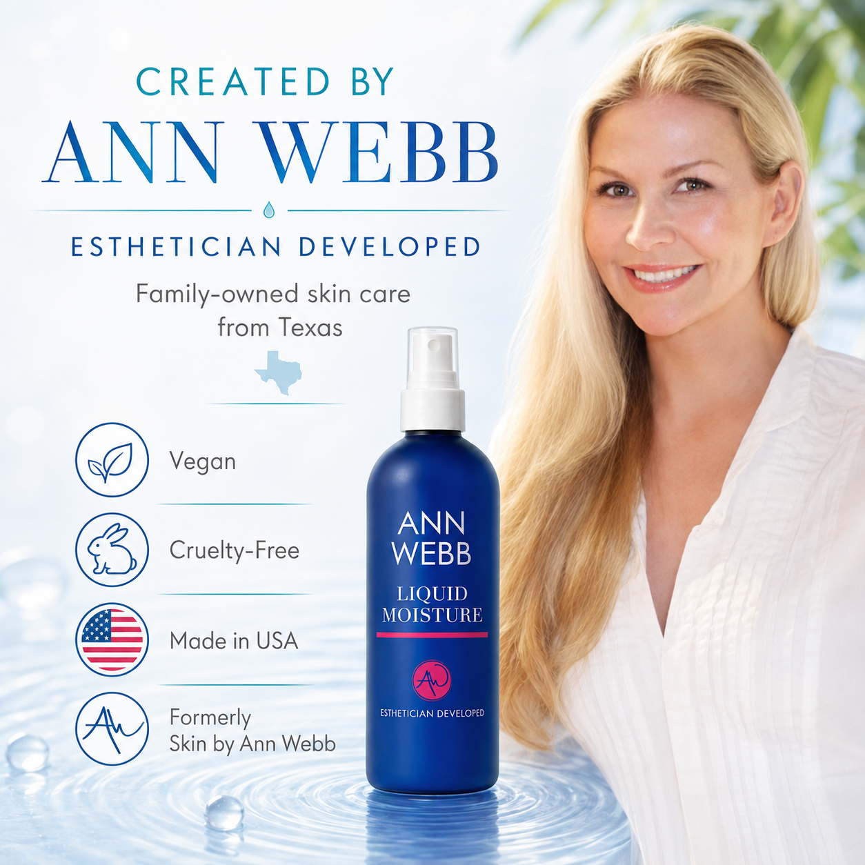 Ann Webb Liquid Moisture spray bottle in blue with a white pump, shown next to a smiling blonde woman in a white top on a bright, light blue background with product benefits listed on the left.