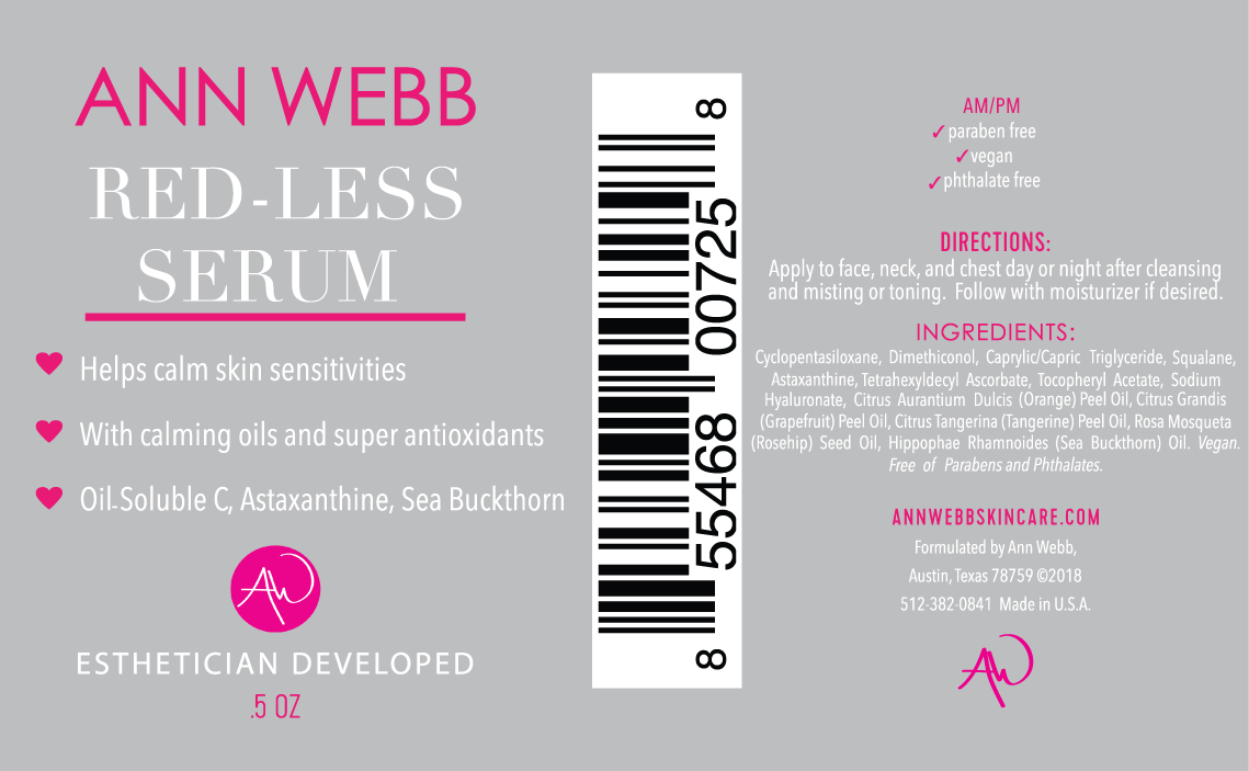 Label of Ann Webb Red-Less Serum with product details and branding.
