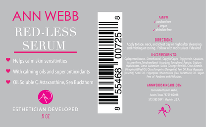 Label of Ann Webb Red-Less Serum with product details and branding.
