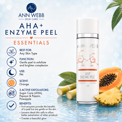 Ann Webb Skin Care AHA+ Enzyme Peel Essentials bottle shown on a bright skincare-themed background with product details and benefits listed on the left. The bottle is white with a silver cap and clear lower section, alongside sliced papaya, a cucumber, and orange slices.