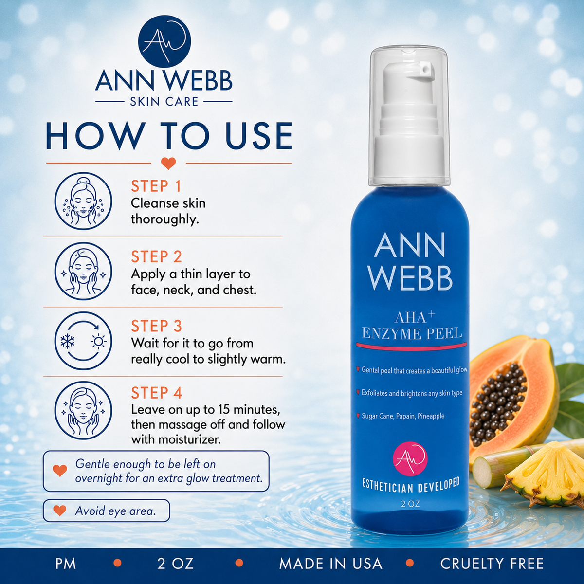 Ann Webb Mia+ Enzyme Peel 2 oz bottle on a light blue water-textured background with usage instructions on the left and sliced papaya and pineapple garnish on the right.