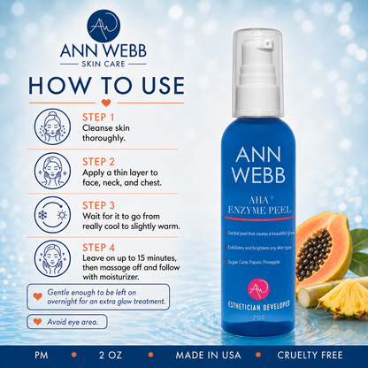 Ann Webb Mia+ Enzyme Peel 2 oz bottle on a light blue water-textured background with usage instructions on the left and sliced papaya and pineapple garnish on the right.