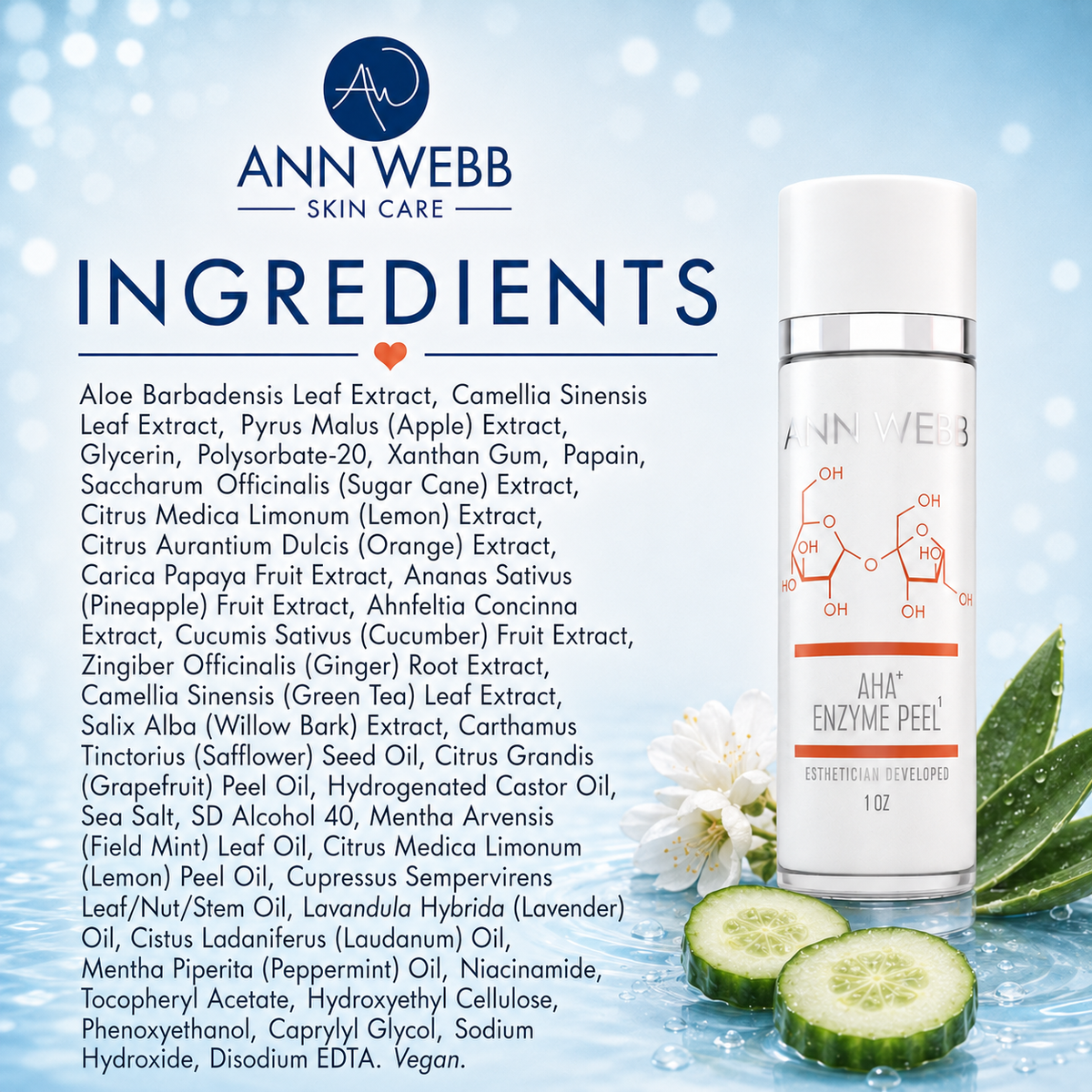 A bottle of Ann Webb Skin Care AHA Enzyme Peel serum shown next to a detailed ingredients list on a light blue textured background.