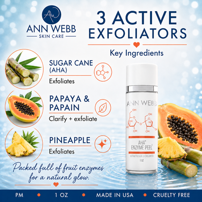 Ann Webb Skin Care 'AHA Enzyme Peel' 1 oz bottle shown on a light blue water-textured background with ingredient callouts for sugar cane, papaya & papain, and pineapple, plus text reading '3 Active Exfoliators'.