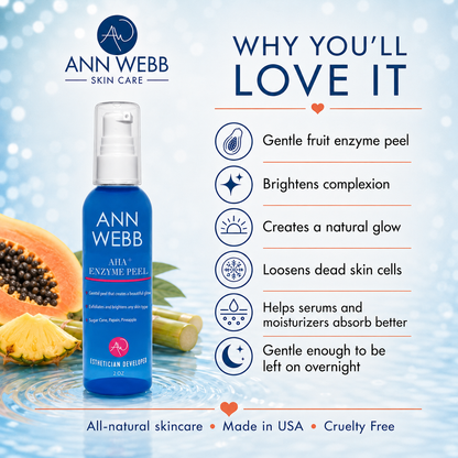 Ann Webb Skin Care AHA Enzyme Peel bottle shown on a light blue promotional graphic with fruit props and text listing benefits.