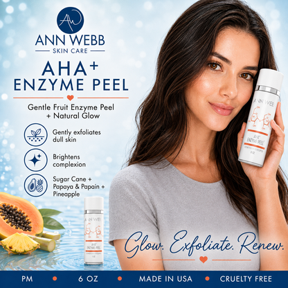 Ann Webb Skin Care AHA+ Enzyme Peel advertisement featuring a woman holding a white bottle, with product details, ingredients, and usage claims on a light blue background.