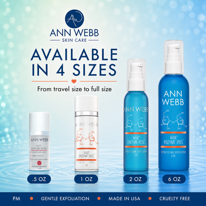 Four Ann Webb Skin Care skincare bottles in different sizes displayed against a blue water ripple background with text reading 'AVAILABLE IN 4 SIZES' and product sizes .5 OZ, 1 OZ, 2 OZ, and 6 OZ.