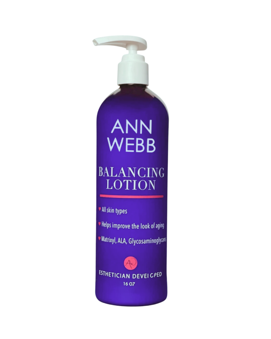 Purple bottle of Ann Webb Balancing Lotion on a white background