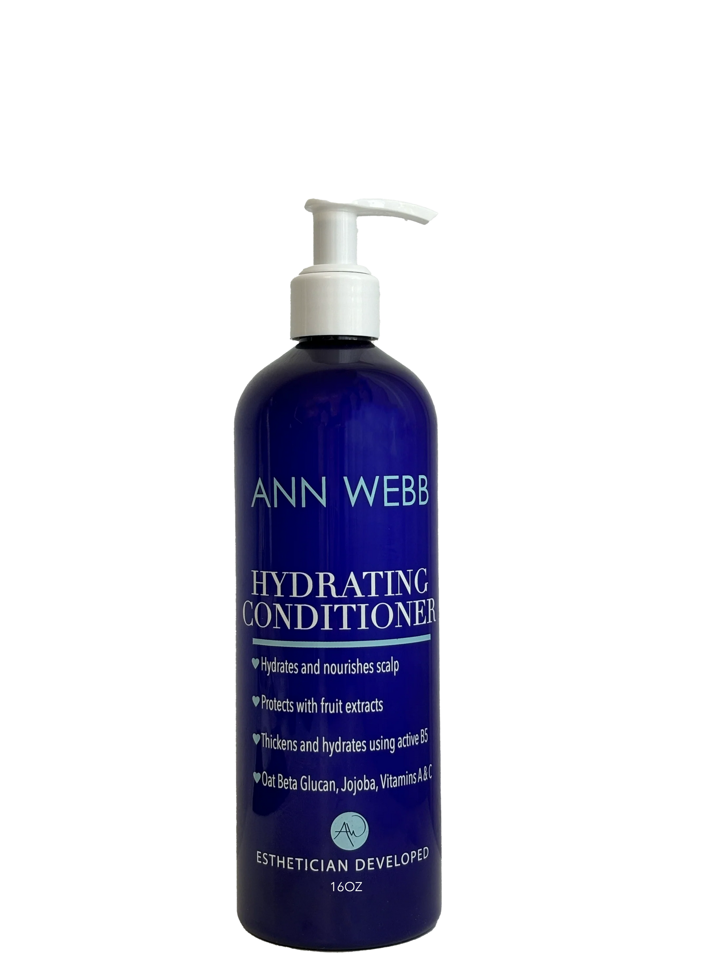 A 16oz pump bottle of Ann Webb Hydrating Conditioner, featuring a deep cobalt blue bottle and a white pump dispenser, set against a plain white background.