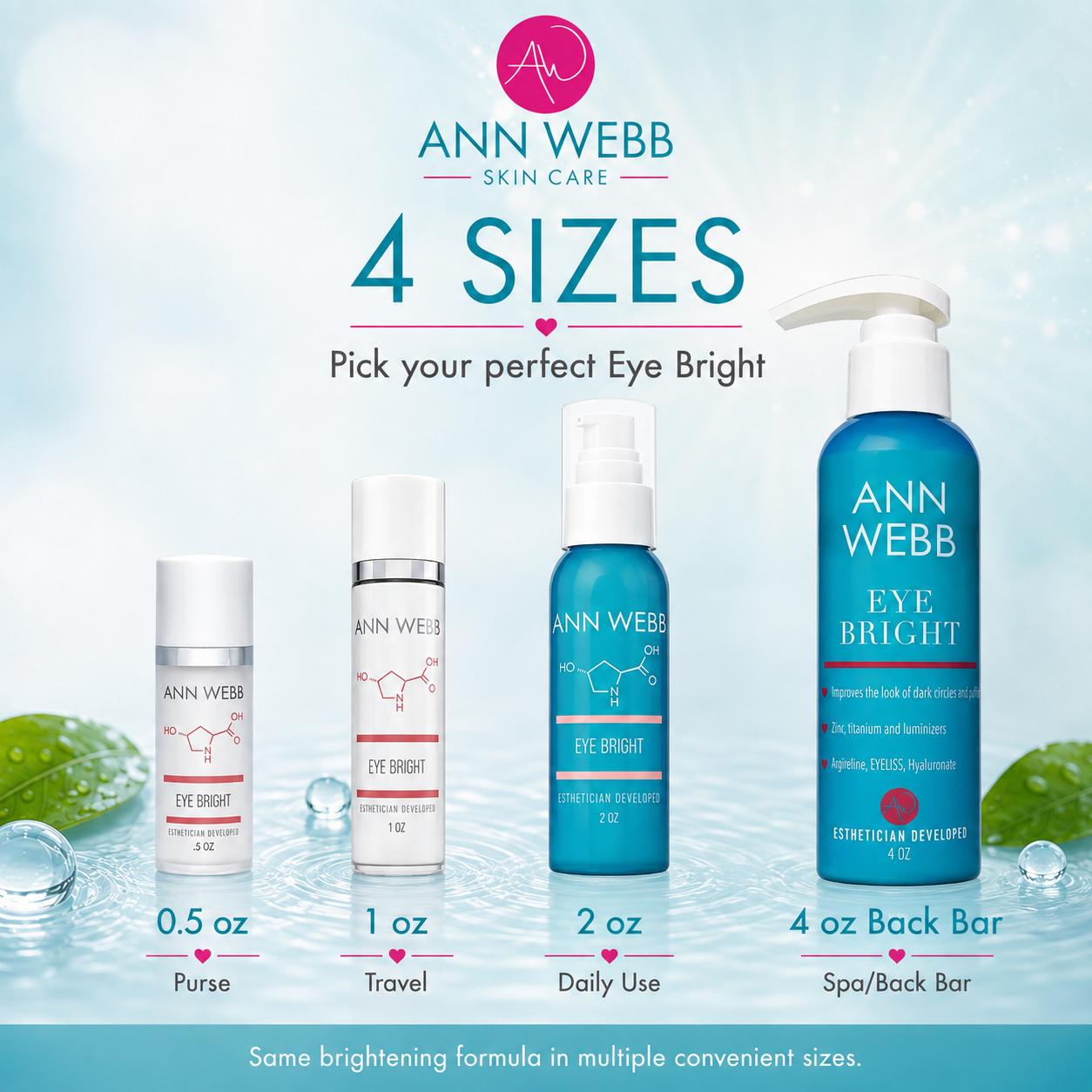 Ann Webb Skin Care Eye Bright eye cream shown in four sizes: 0.5 oz purse, 1 oz travel size, 2 oz daily use, and 4 oz spa/back bar bottles, displayed on a light blue water-themed background with the text '4 SIZES Pick your perfect Eye Bright'.