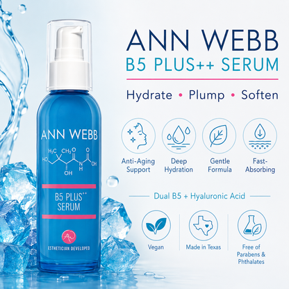 ANN WEBB B5 PLUS++ SERUM in a blue pump bottle, displayed with ice cubes and water droplets on a light blue background with product features and benefits text.