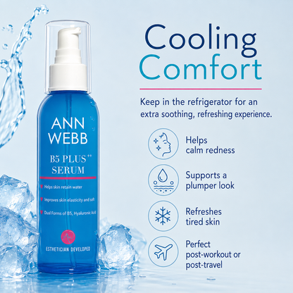 ANN WEBB B5 PLUS+ SERUM in a blue bottle with a white pump, shown on a light blue background with ice cubes and promotional text reading 'Cooling Comfort'.