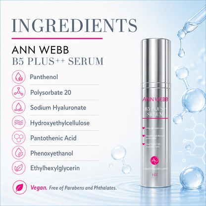 Ann Webb B5 Plus+ Serum bottle shown next to an ingredients list on a light blue background with water droplets and bubbles. The silver bottle has pink and black text, and the left side lists ingredients including panthenol, polysorbate 20, sodium hyaluronate, hydroxyethylcellulose, pantothenic acid, phenoxyethanol, ethylhexylglycerin, and vegan certification.