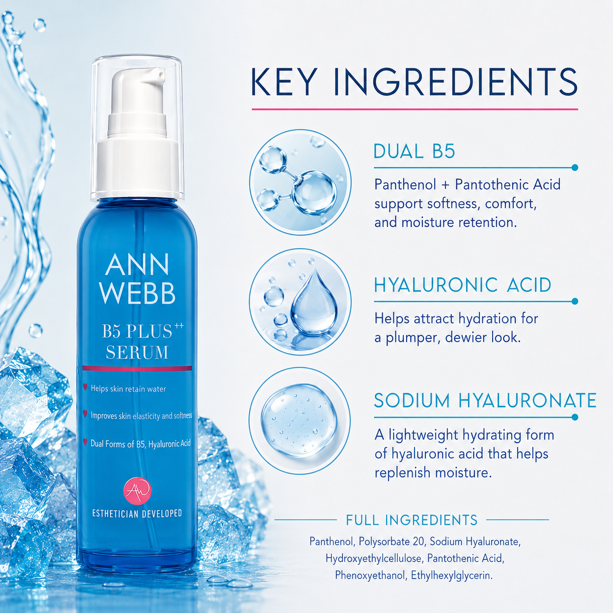Ann Webb B5 Plus Serum bottle on a light blue water-themed background with text detailing key ingredients like dual B5, hyaluronic acid, and sodium hyaluronic.