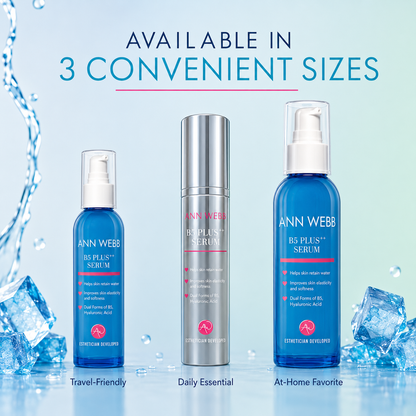 Three Ann Webb B5 Plus+ serum bottles in different sizes are displayed against a light blue background with water splash graphics and ice cubes. The left bottle is blue with a white pump, labeled 'Travel-Friendly'; the center bottle is silver with a metallic finish, labeled 'Daily Essential'; the right bottle is a larger blue bottle with a white pump, labeled 'At-Home Favorite'.