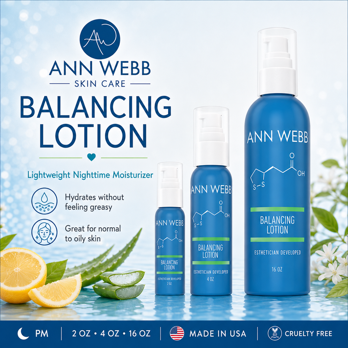 Three blue bottles of Ann Webb Balancing Lotion in different sizes arranged on a light blue background with lemon slices, aloe vera, and white flowers. The image includes product text highlighting lightweight nighttime moisturizer benefits.