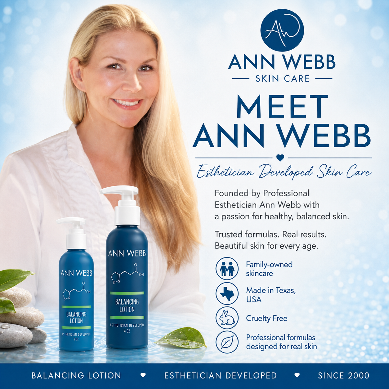 Promotional graphic for Ann Webb Skin Care featuring a smiling blonde woman in a white robe beside two blue balancing lotions, with text describing the products and brand history on a light blue background.