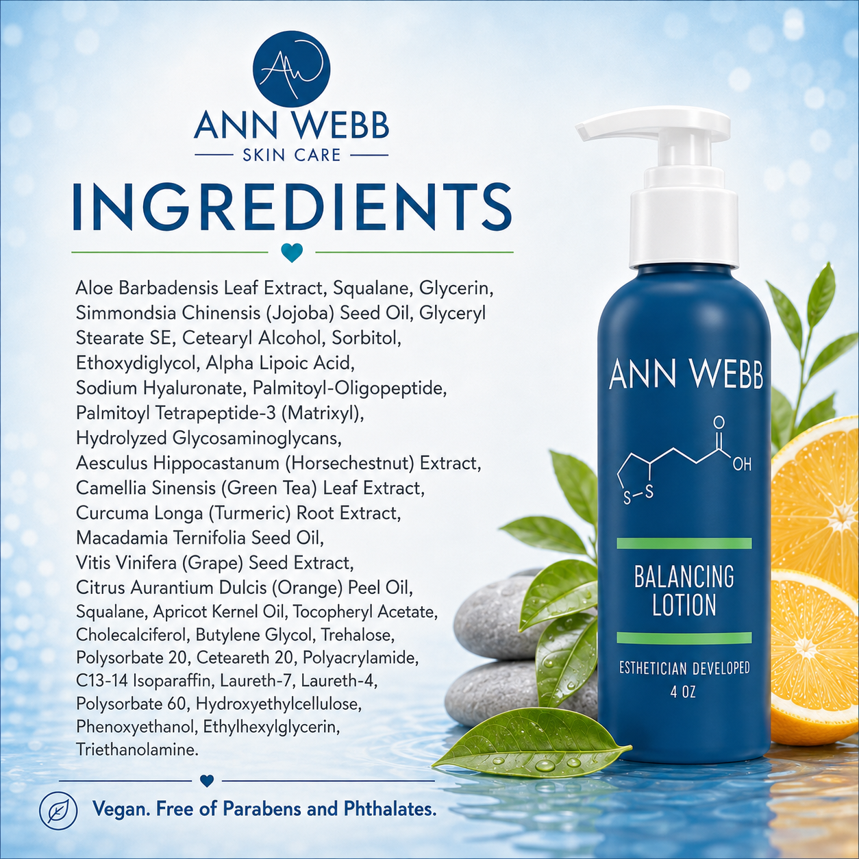 Ann Webb Skin Care Balancing Lotion bottle on a blue water-textured background with ingredient text and citrus slices. The pump bottle is white with a blue label and pump, and the brand name is clearly visible.