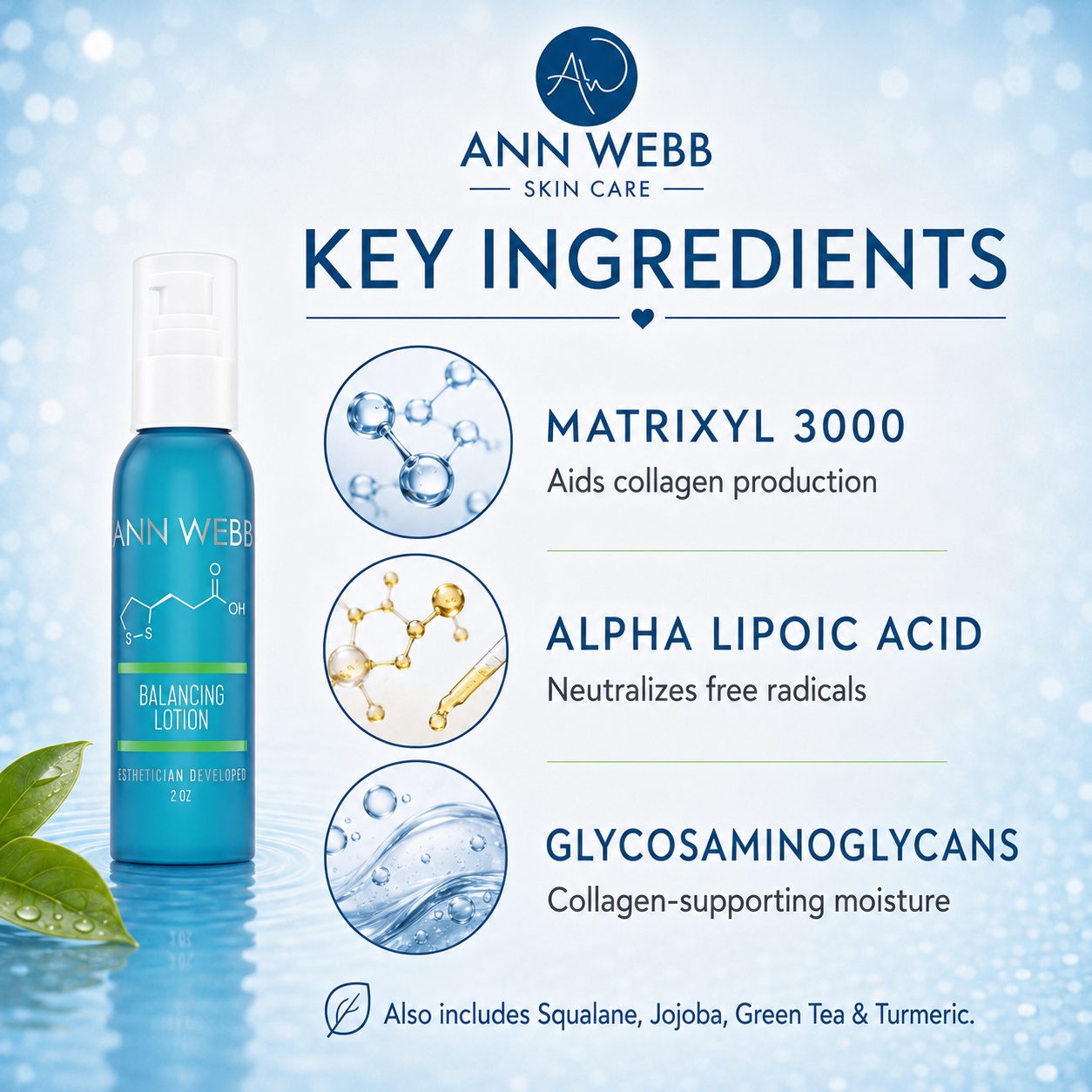 Ann Webb Skin Care Balancing Lotion bottle shown on a light blue promotional graphic with ingredient callouts for Matrixyl 3000, Alpha Lipoic Acid, and Glycosaminoglycans.