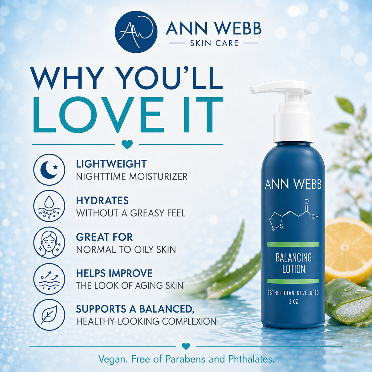 Ann Webb Skin Care Balancing Lotion bottle on a light blue water-themed background with text highlighting product benefits. The pump bottle is dark blue with a white pump, shown next to aloe vera and orange slices.