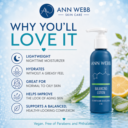Ann Webb Skin Care Balancing Lotion bottle on a light blue water-themed background with text highlighting product benefits. The pump bottle is dark blue with a white pump, shown next to aloe vera and orange slices.