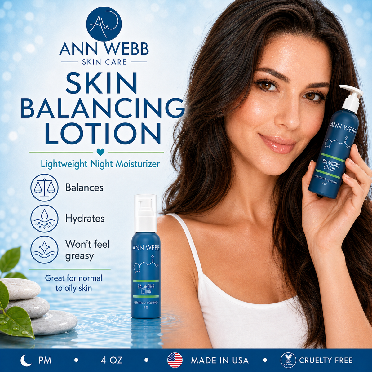 Ann Webb Skin Care Skin Balancing Lotion bottle held by a smiling woman with long dark hair against a light blue water-themed background with product benefits text.