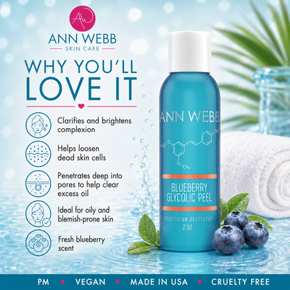 Ann Webb Blueberry Glycolic Peel skincare bottle on a light blue background with promotional text, icons, a rolled towel, and blueberries. The product is a bright blue bottle with a white cap and white/orange label details.