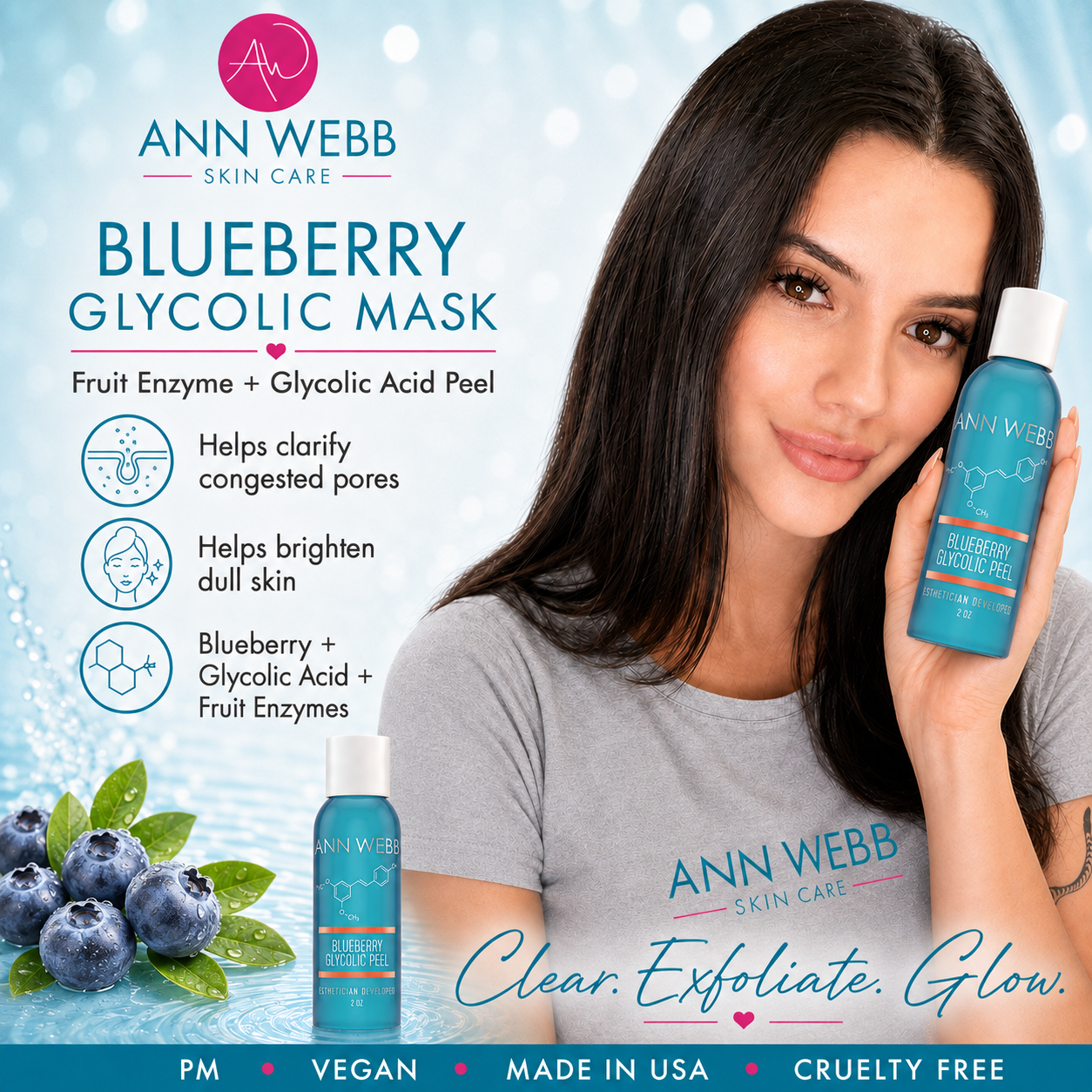 A woman holds a bottle of Ann Webb Skin Care Blueberry Glycolic Mask against a light blue graphic background with product text, ingredient icons, blueberries, and branding.